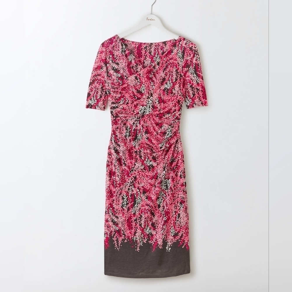 Boden Rita Ruched Wrap Jersey Dress Grey Pink White Size US 4 Knee-Length